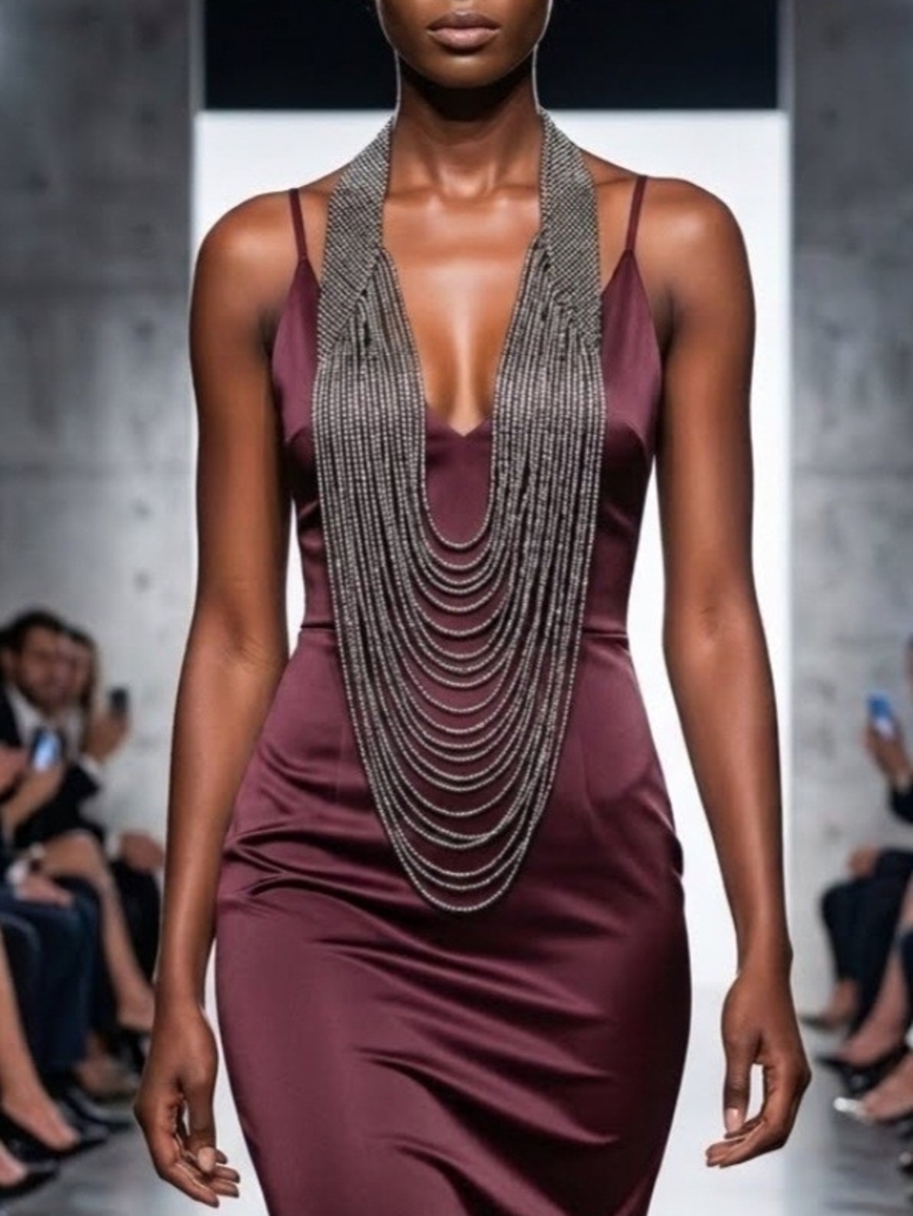 Vintage Multi Strand Glass Seed Bead Waterfall Statement Necklace Metallic Layer